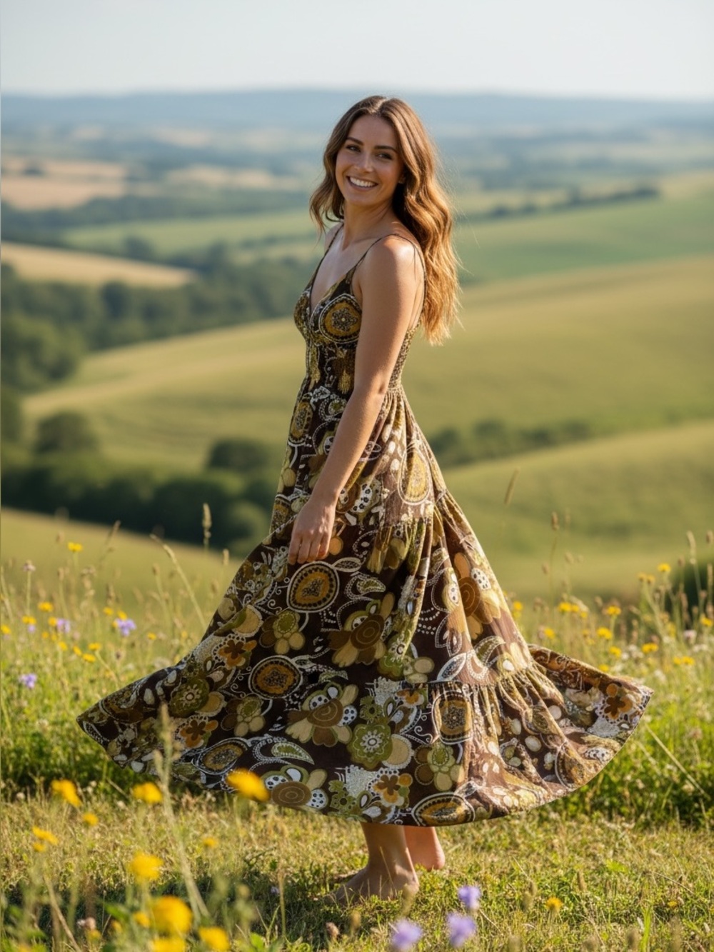 Boho Print 100% Cotton Smocked Whimsical Romantic Maxi Dress Green Brown Size M